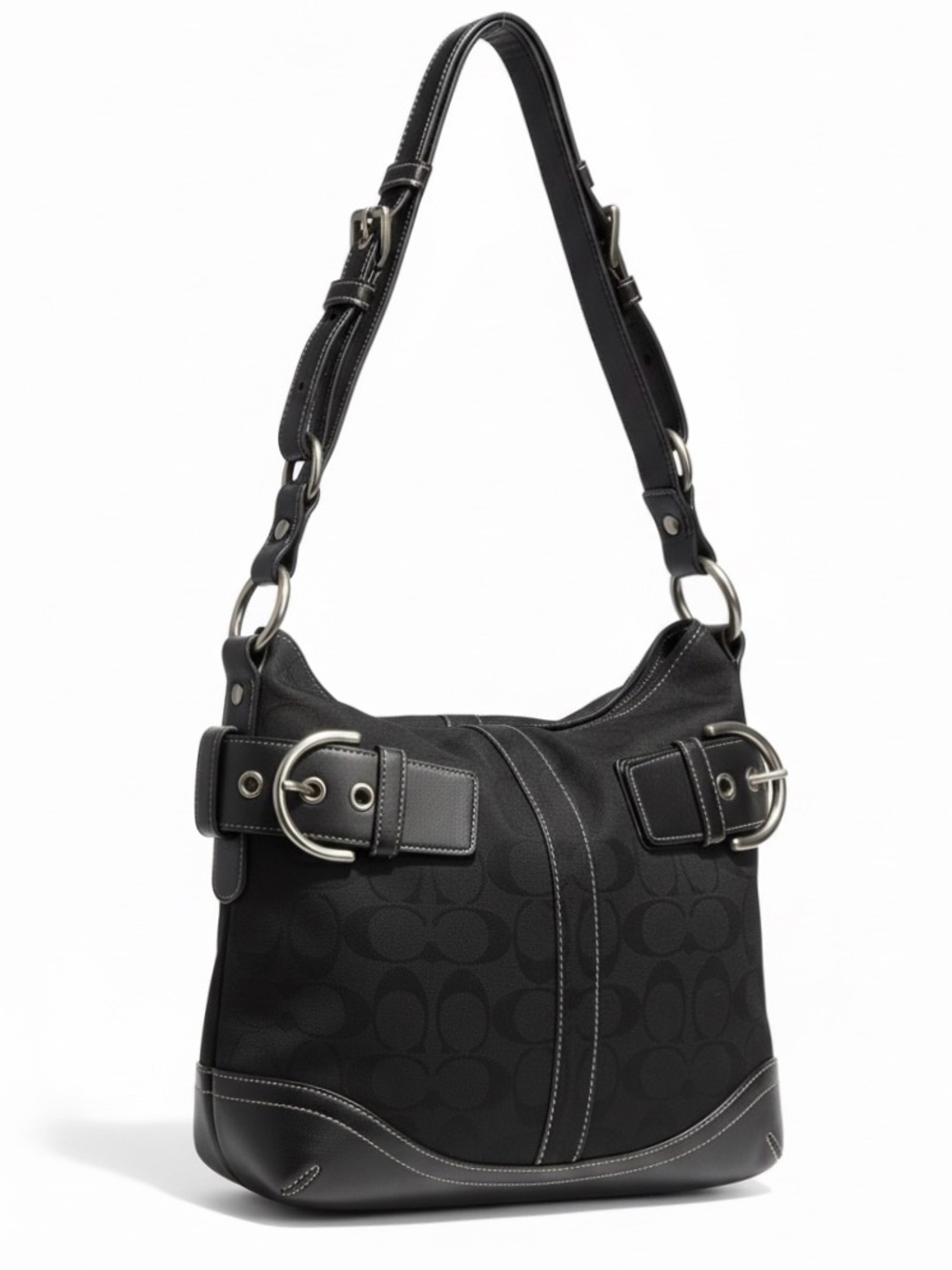Vintage Coach signature black bag leather trim Silver tone 3574